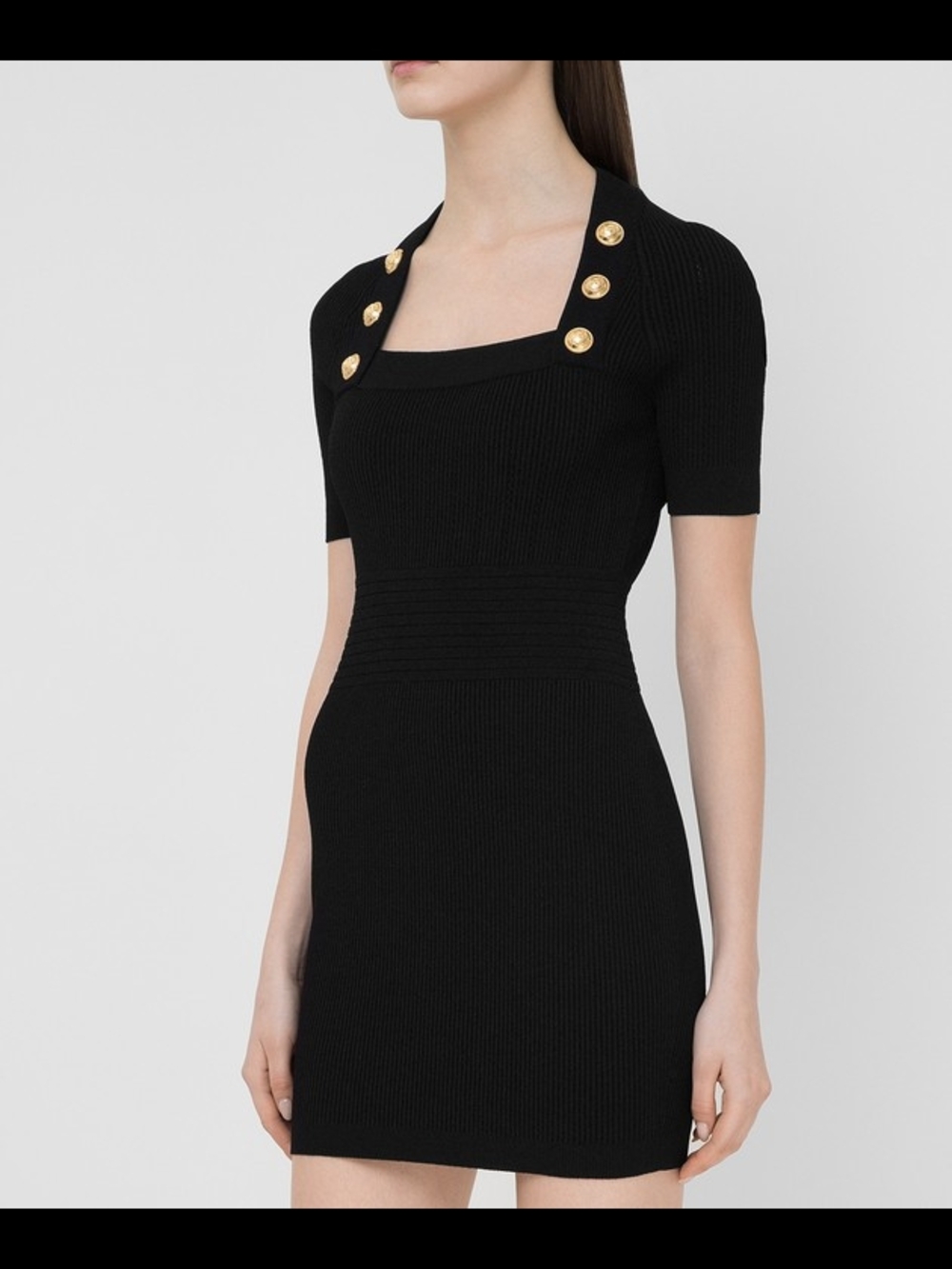Balmain Black Ribbed Mini Dress with Gold Button Accents